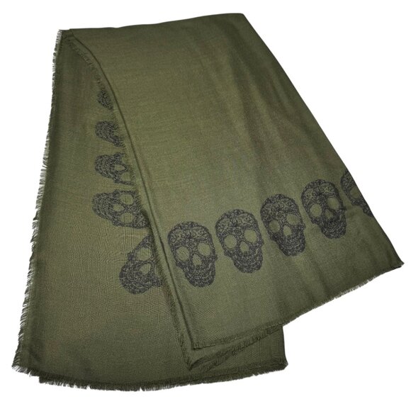 Blue Pacific Cashmere Blend Scarf Skull Print Green Large Square Grunge Goth - Picture 6 of 10